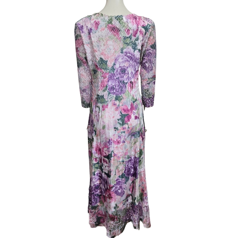 Komarov Maxi Dress XL Purple Floral Pleated Lace Trim Watercolor Crinkle Garden - Picture 7 of 14